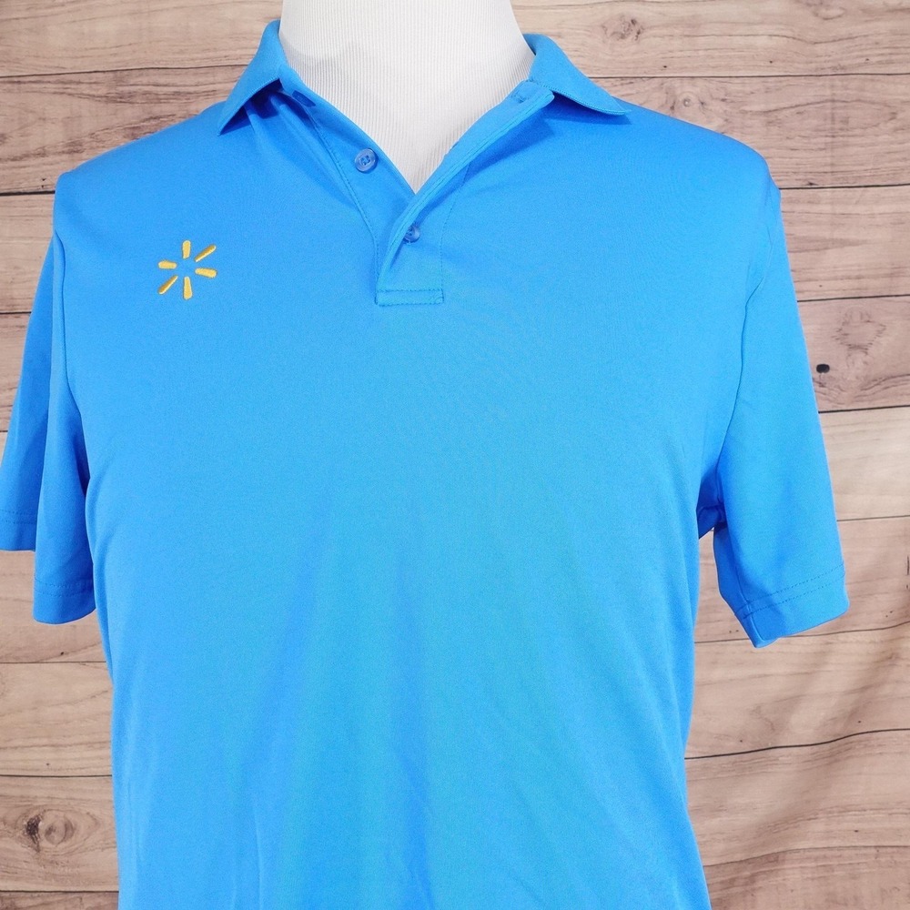 Walmart Polo Shirt Mens M Blue Polyester Spandex Stretch Logo Workwear‎ Uniform